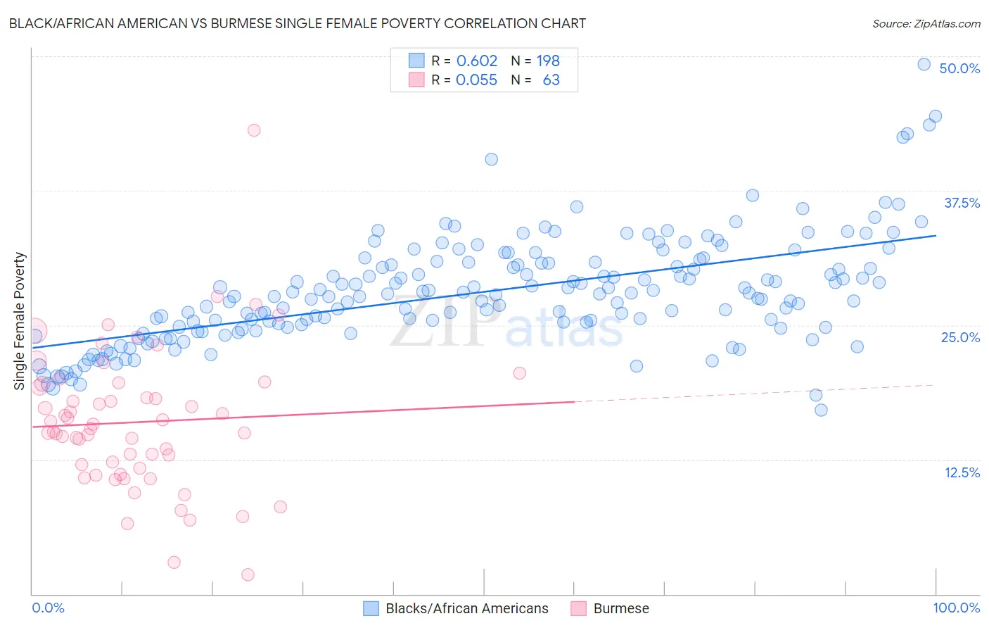 Black/African American vs Burmese Single Female Poverty