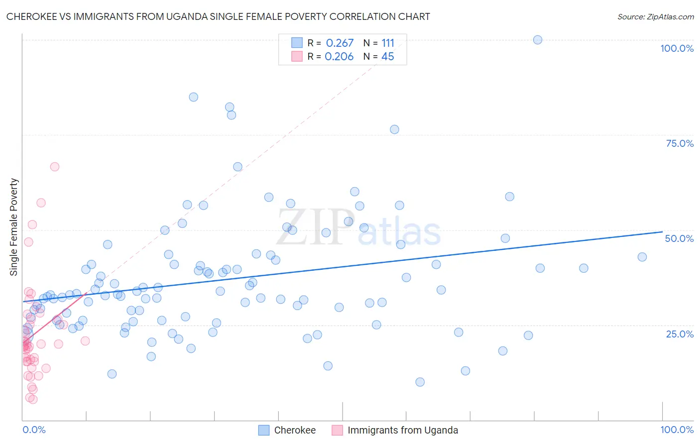 Cherokee vs Immigrants from Uganda Single Female Poverty