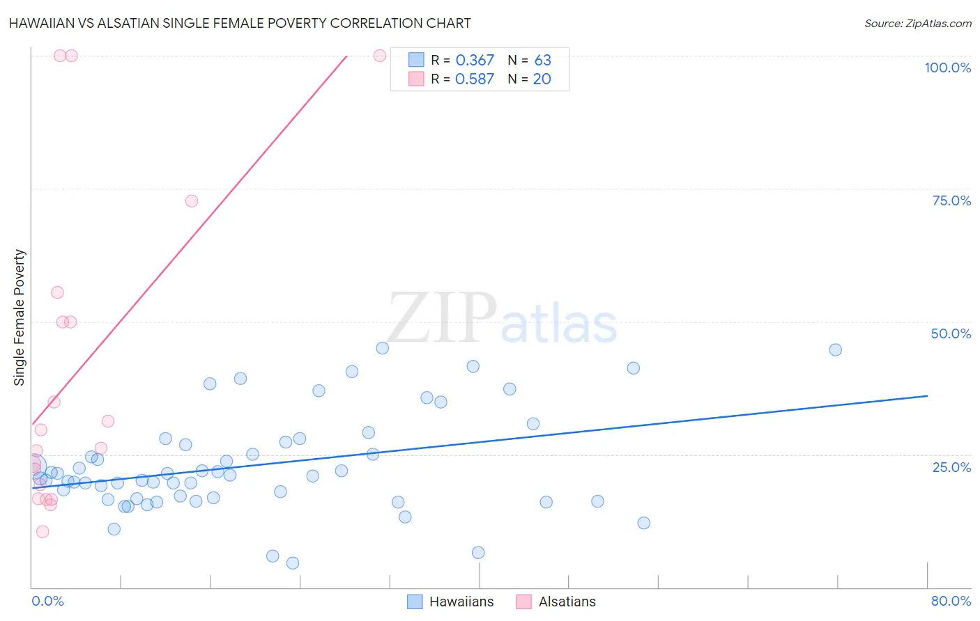 Hawaiian vs Alsatian Single Female Poverty