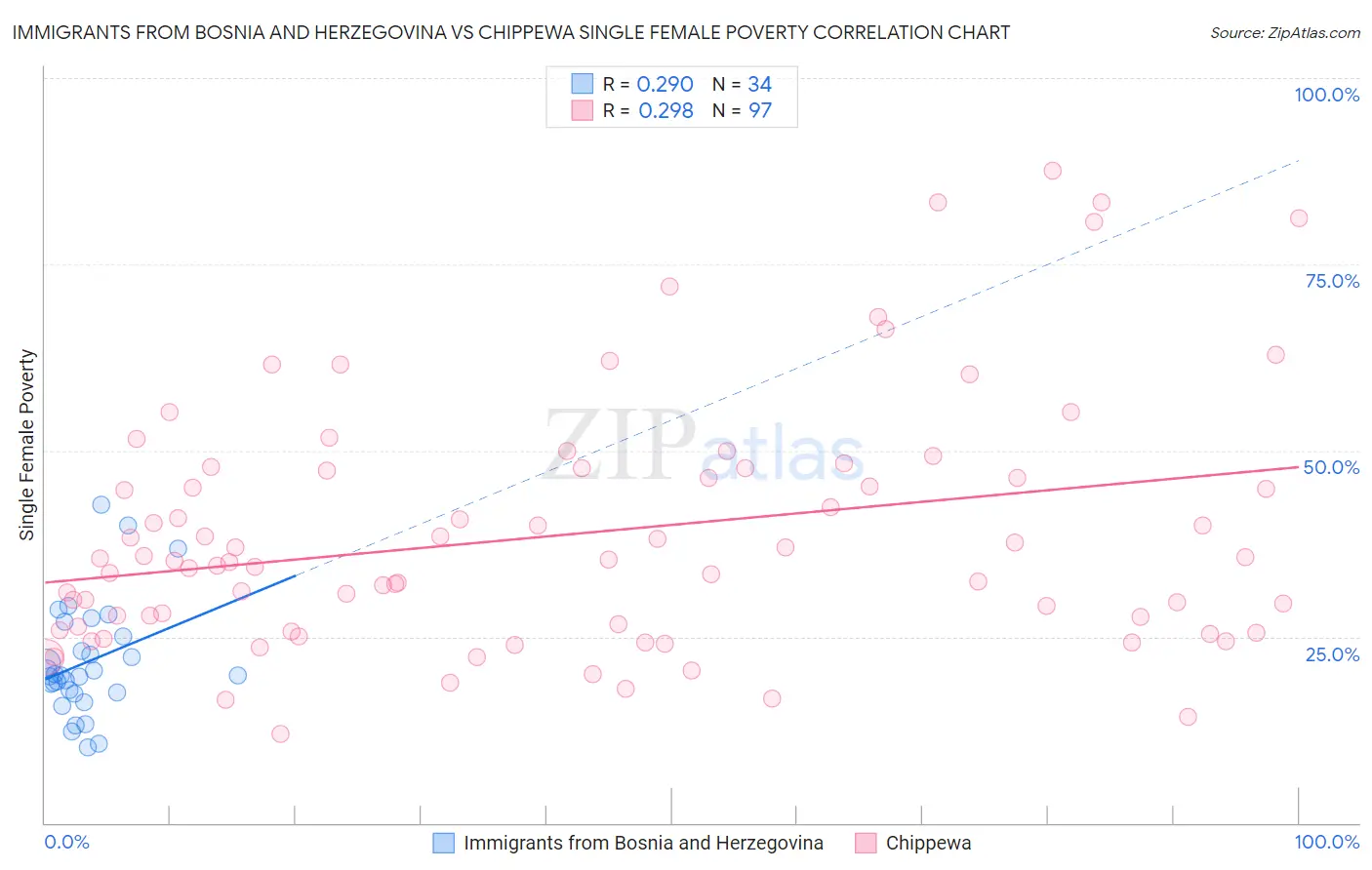 Immigrants from Bosnia and Herzegovina vs Chippewa Single Female Poverty