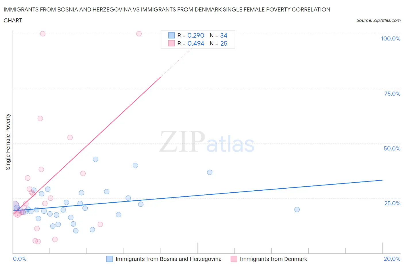 Immigrants from Bosnia and Herzegovina vs Immigrants from Denmark Single Female Poverty