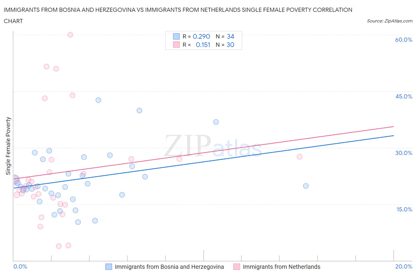 Immigrants from Bosnia and Herzegovina vs Immigrants from Netherlands Single Female Poverty