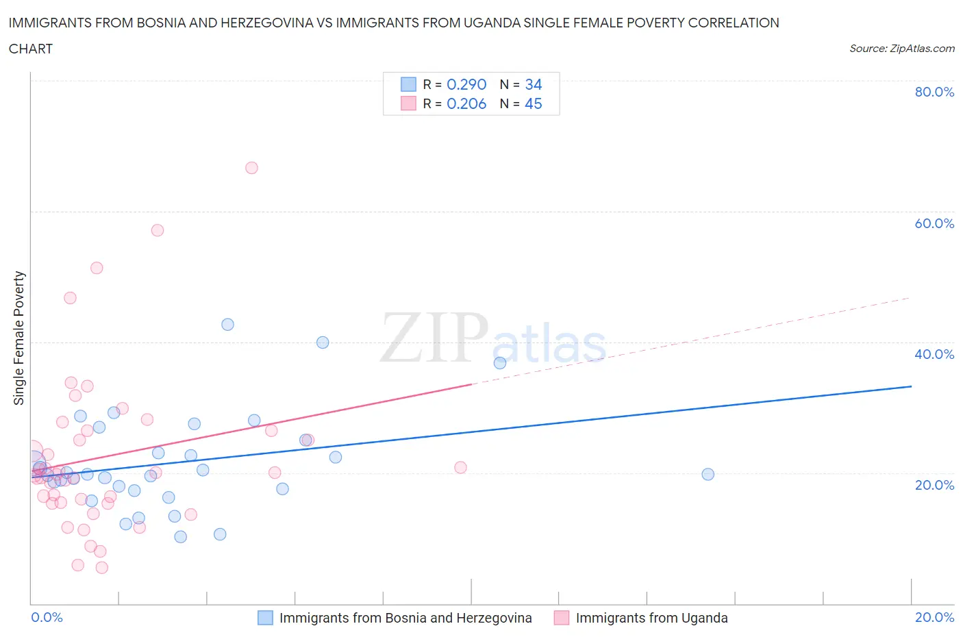 Immigrants from Bosnia and Herzegovina vs Immigrants from Uganda Single Female Poverty