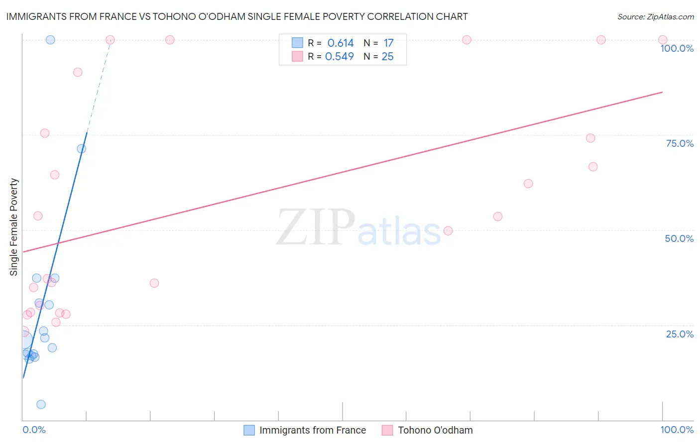 Immigrants from France vs Tohono O'odham Single Female Poverty