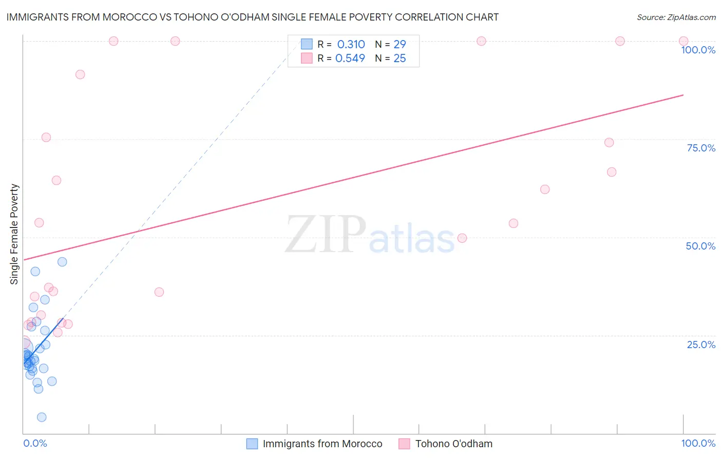 Immigrants from Morocco vs Tohono O'odham Single Female Poverty