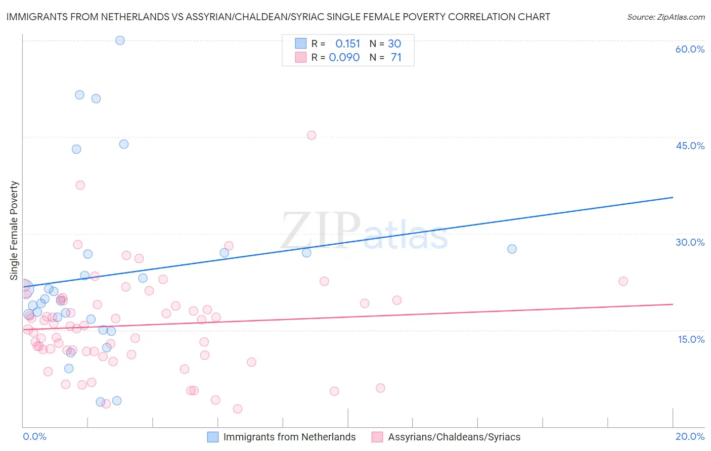 Immigrants from Netherlands vs Assyrian/Chaldean/Syriac Single Female Poverty