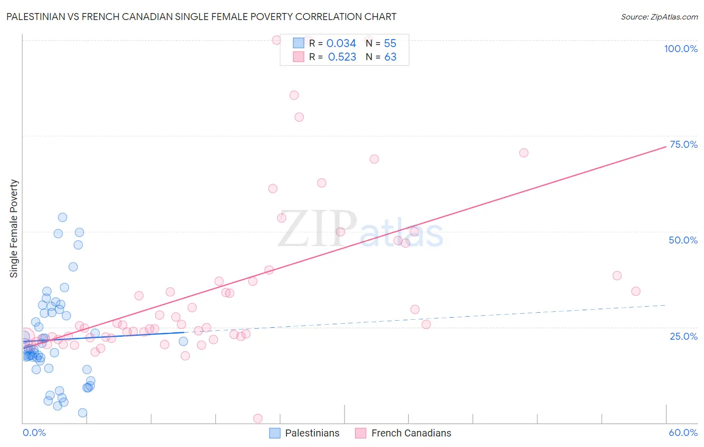 Palestinian vs French Canadian Single Female Poverty