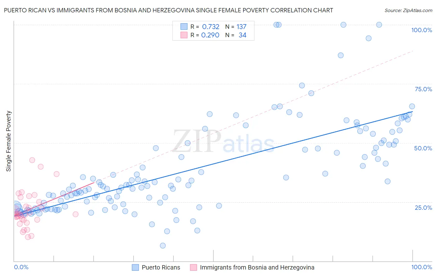 Puerto Rican vs Immigrants from Bosnia and Herzegovina Single Female Poverty