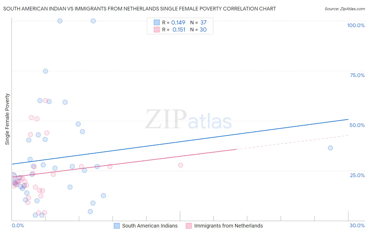 South American Indian vs Immigrants from Netherlands Single Female Poverty