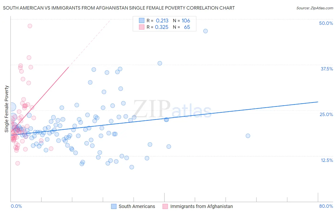 South American vs Immigrants from Afghanistan Single Female Poverty