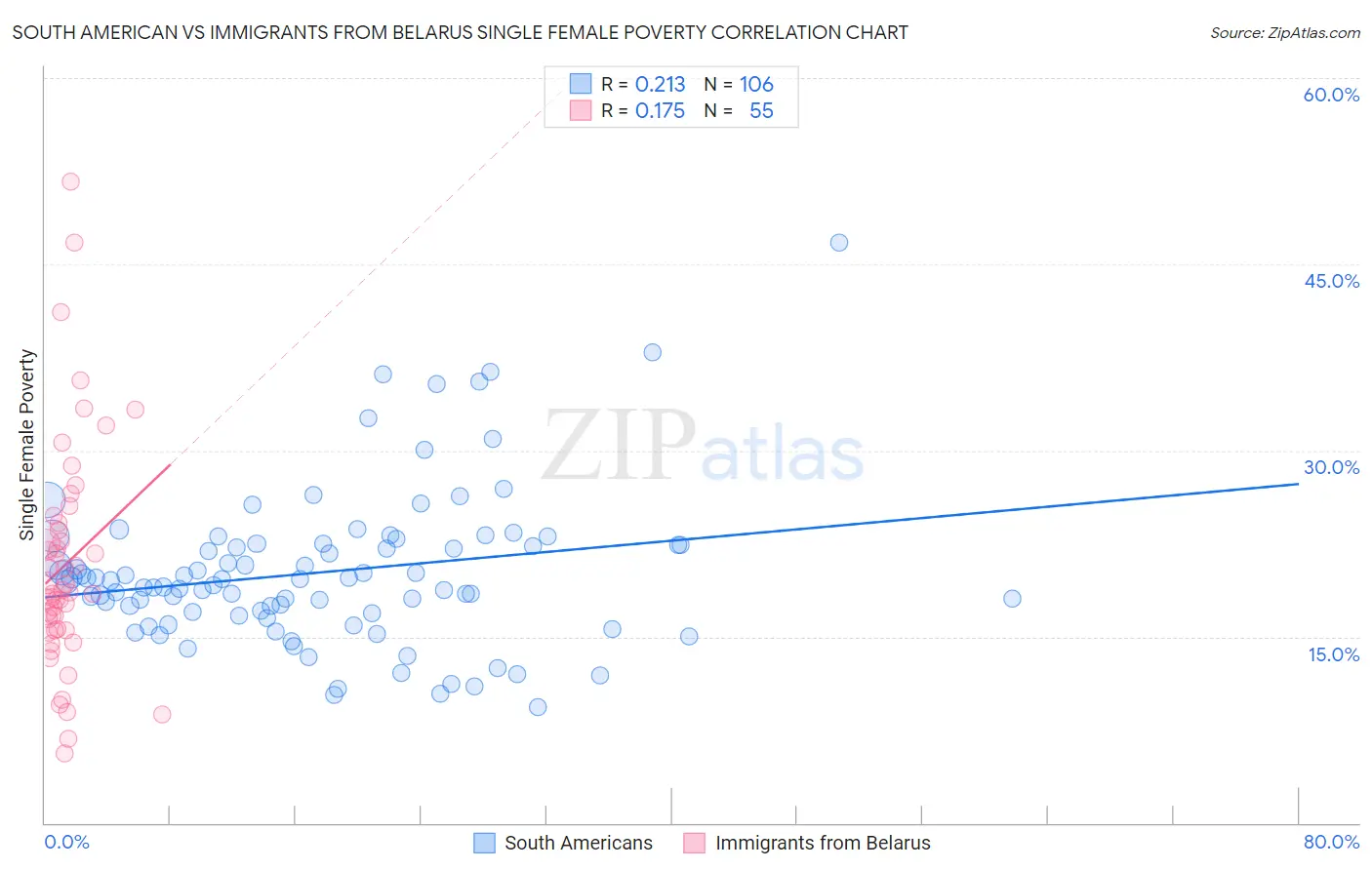 South American vs Immigrants from Belarus Single Female Poverty
