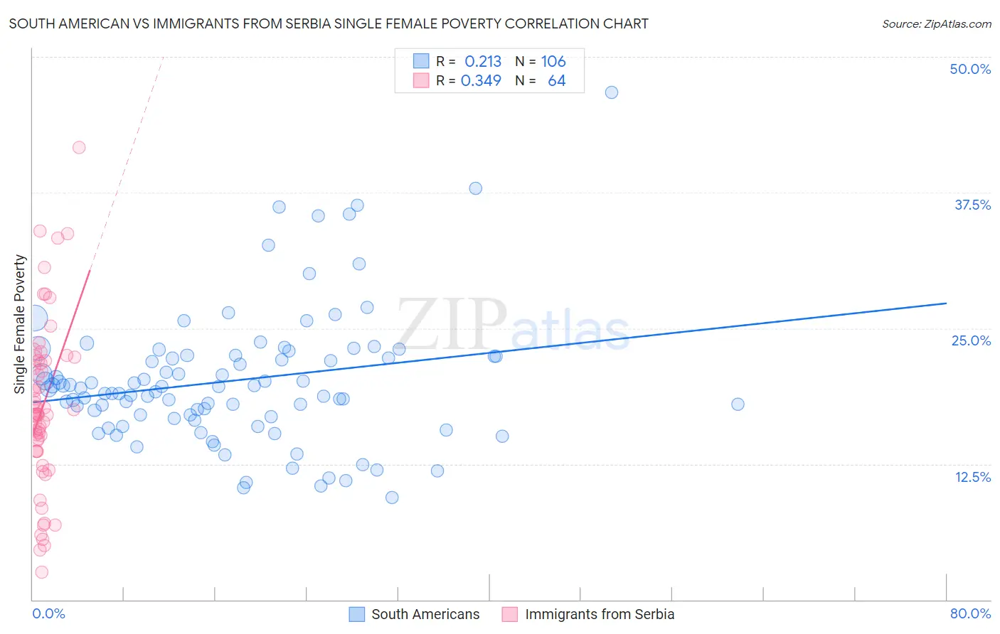 South American vs Immigrants from Serbia Single Female Poverty