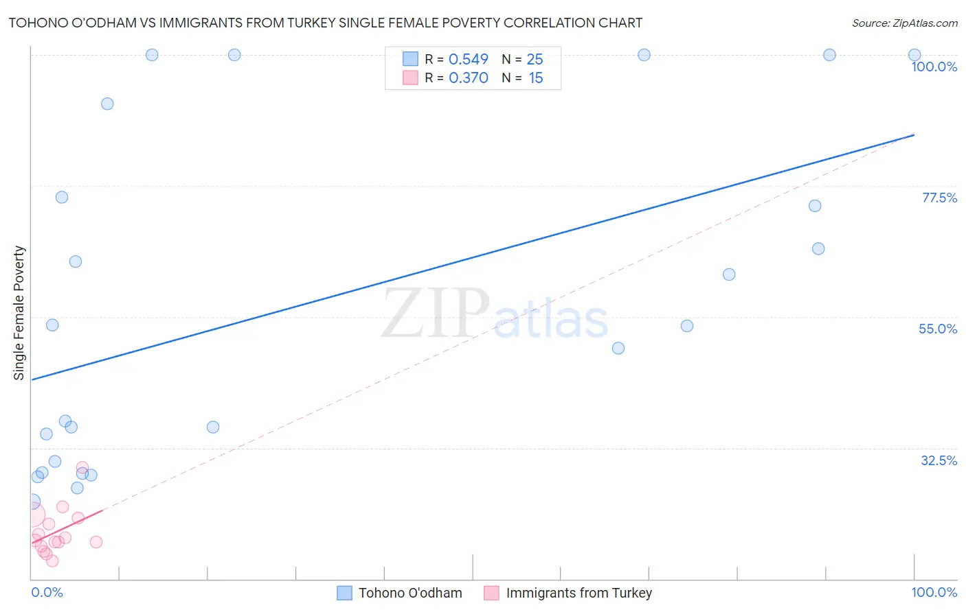 Tohono O'odham vs Immigrants from Turkey Single Female Poverty