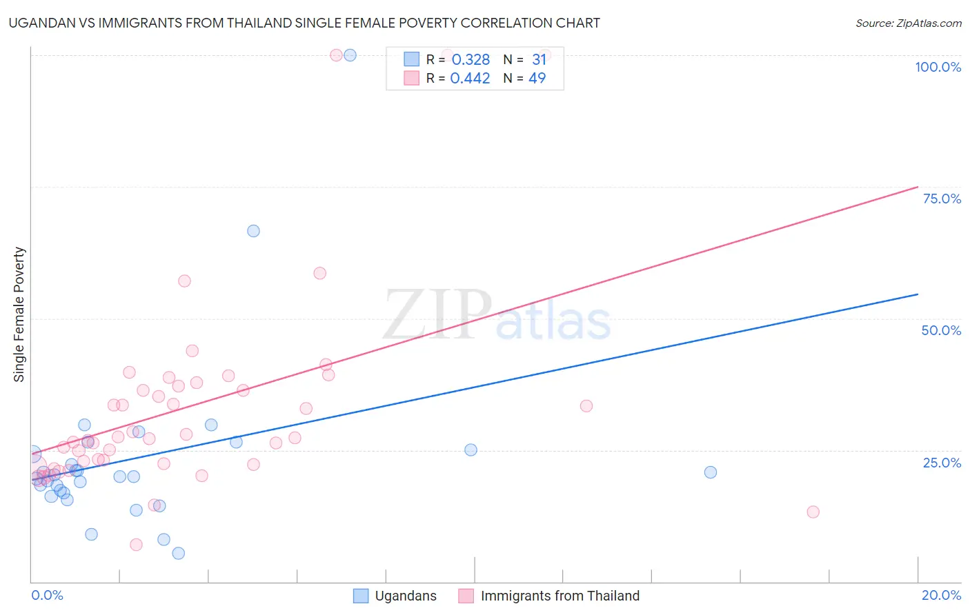 Ugandan vs Immigrants from Thailand Single Female Poverty