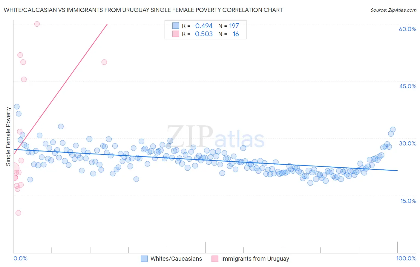 White/Caucasian vs Immigrants from Uruguay Single Female Poverty