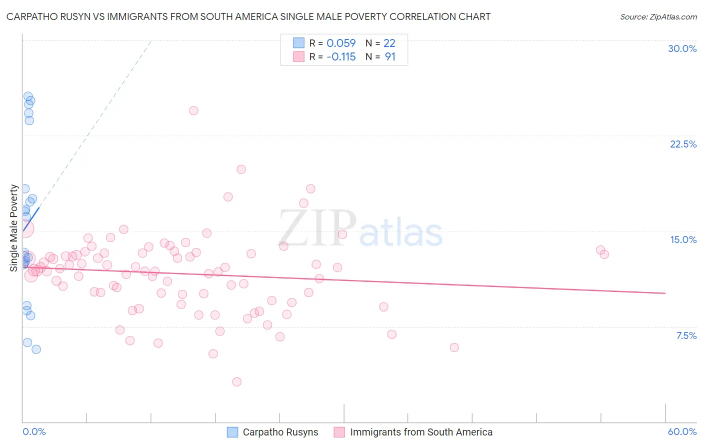 Carpatho Rusyn vs Immigrants from South America Single Male Poverty