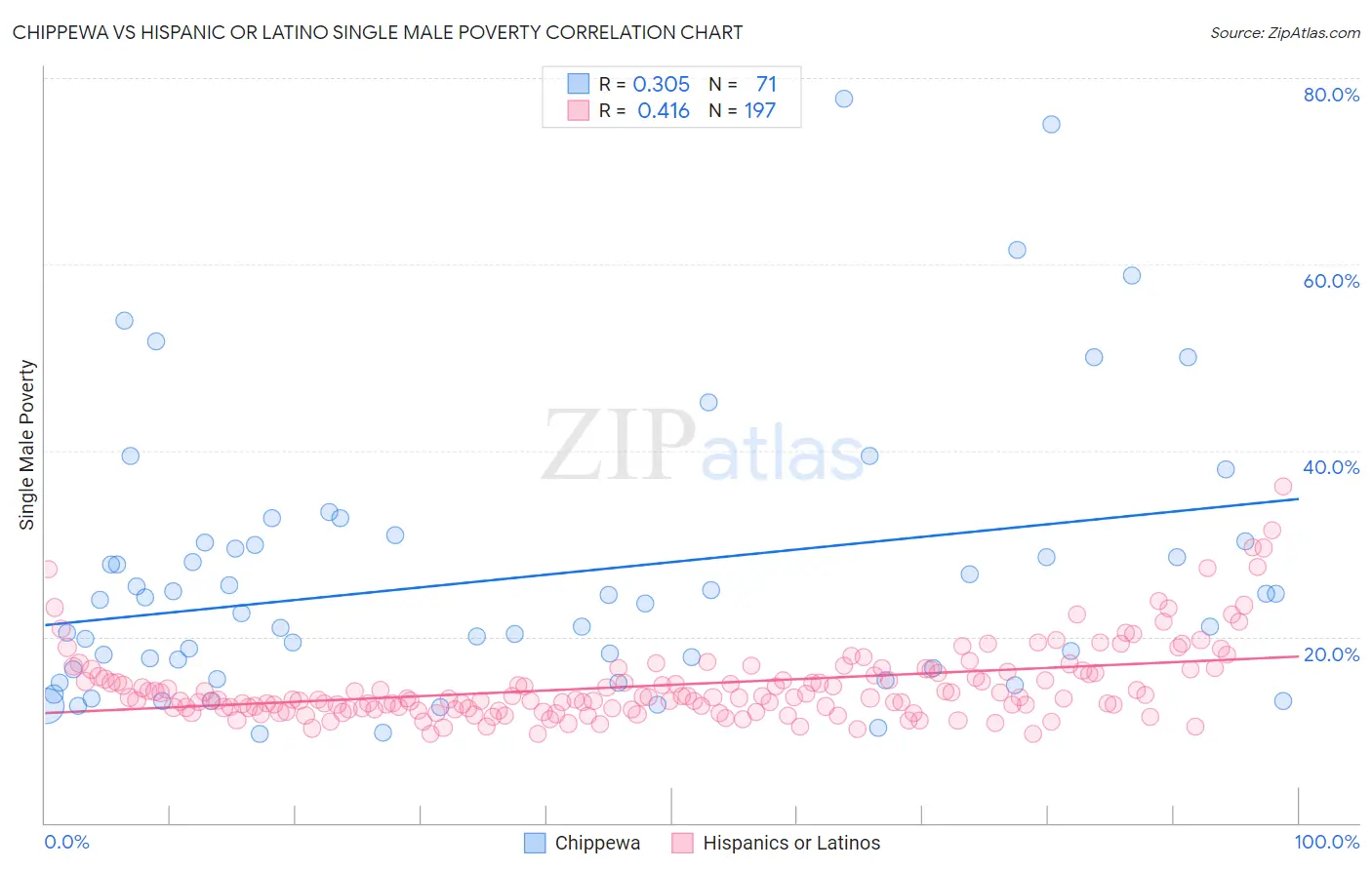 Chippewa vs Hispanic or Latino Single Male Poverty