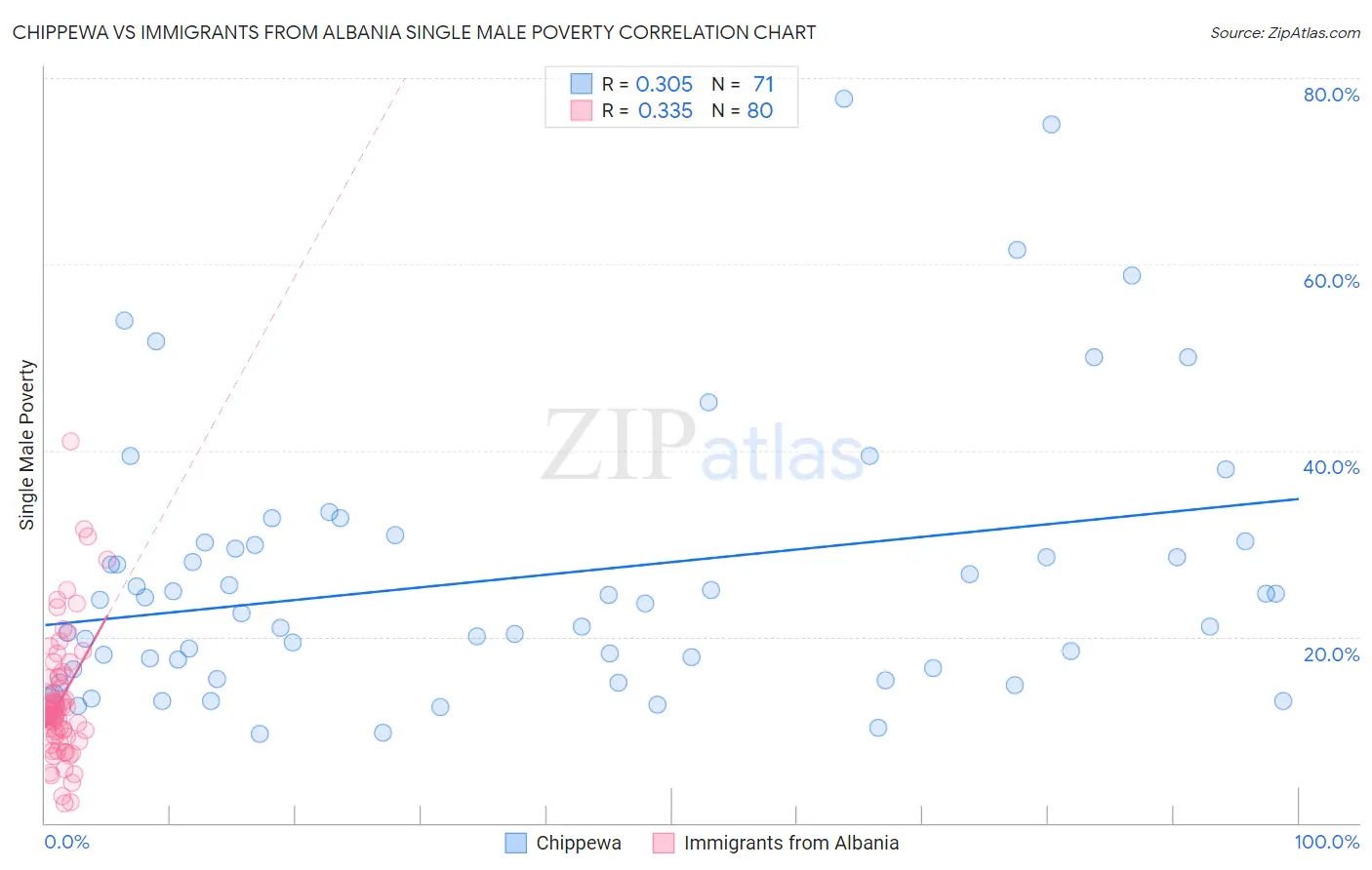 Chippewa vs Immigrants from Albania Single Male Poverty