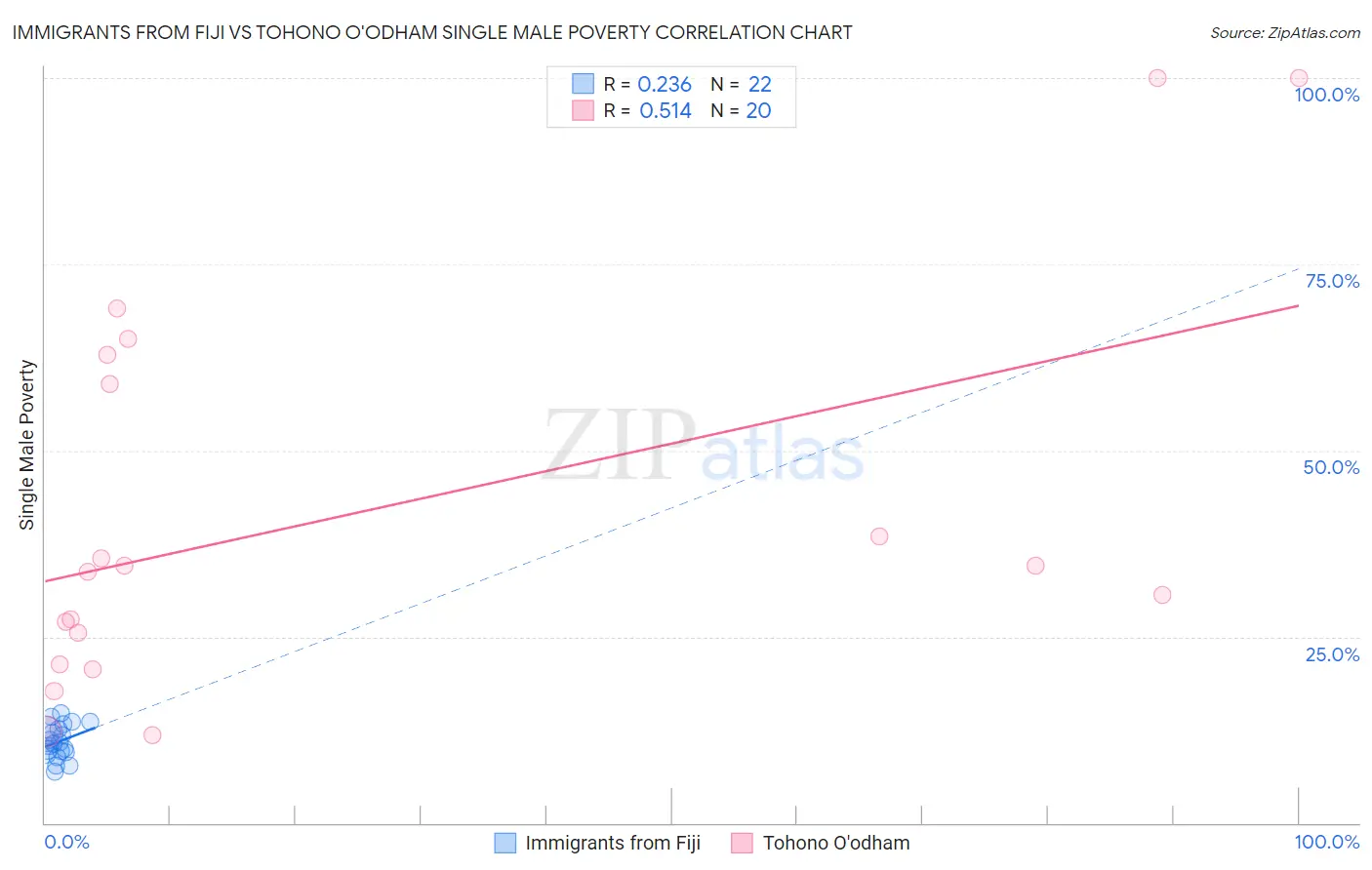 Immigrants from Fiji vs Tohono O'odham Single Male Poverty