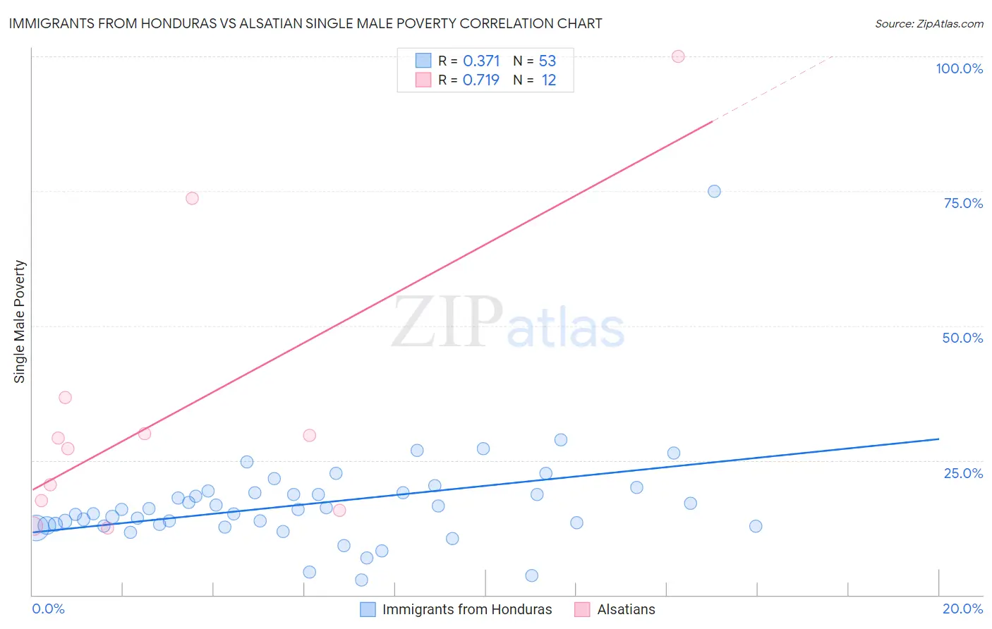 Immigrants from Honduras vs Alsatian Single Male Poverty