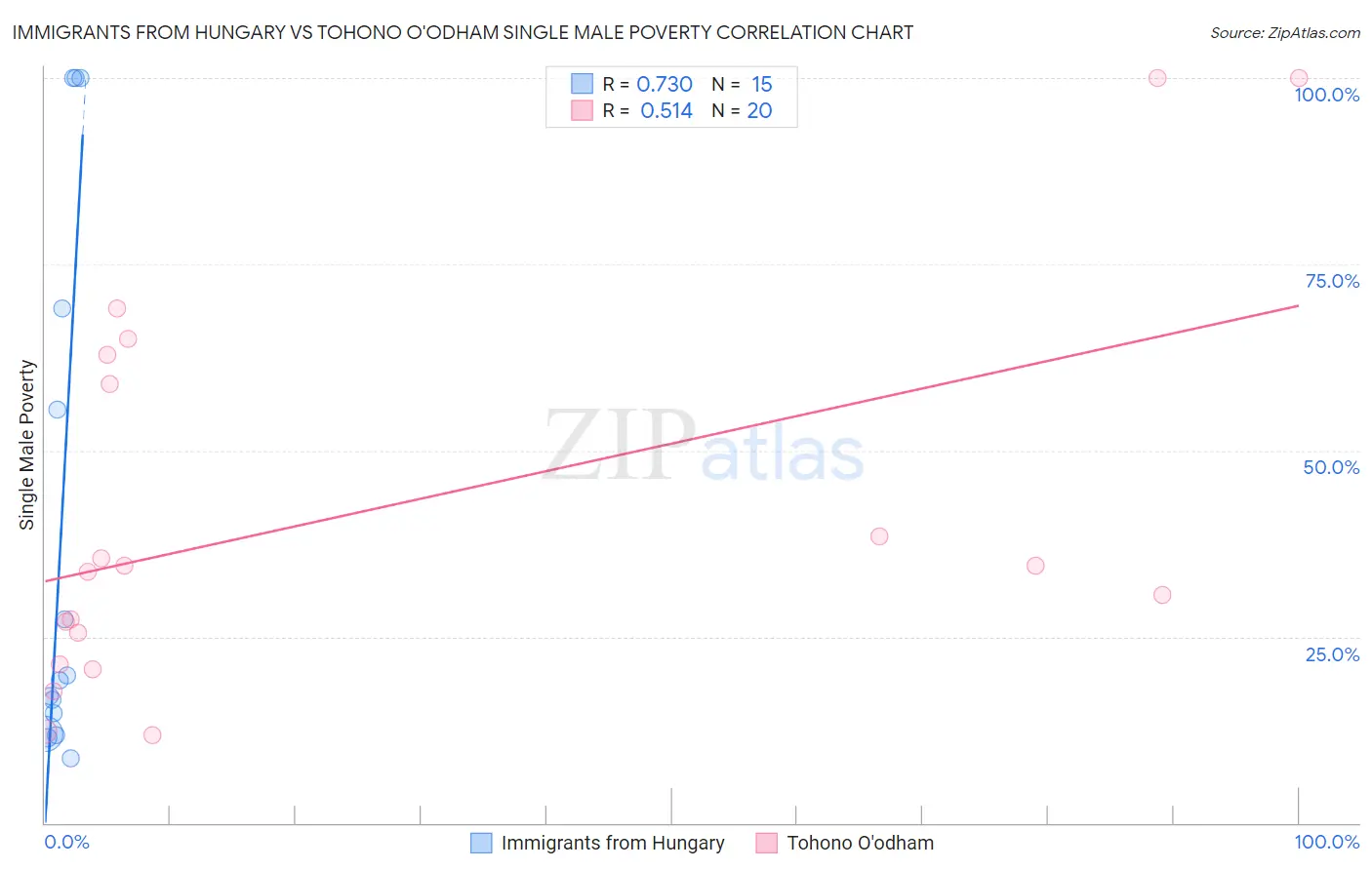Immigrants from Hungary vs Tohono O'odham Single Male Poverty