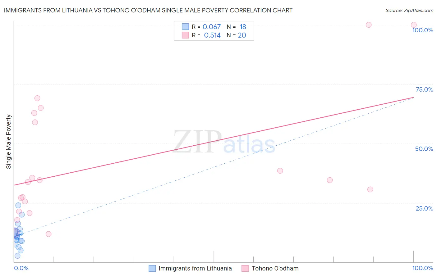 Immigrants from Lithuania vs Tohono O'odham Single Male Poverty