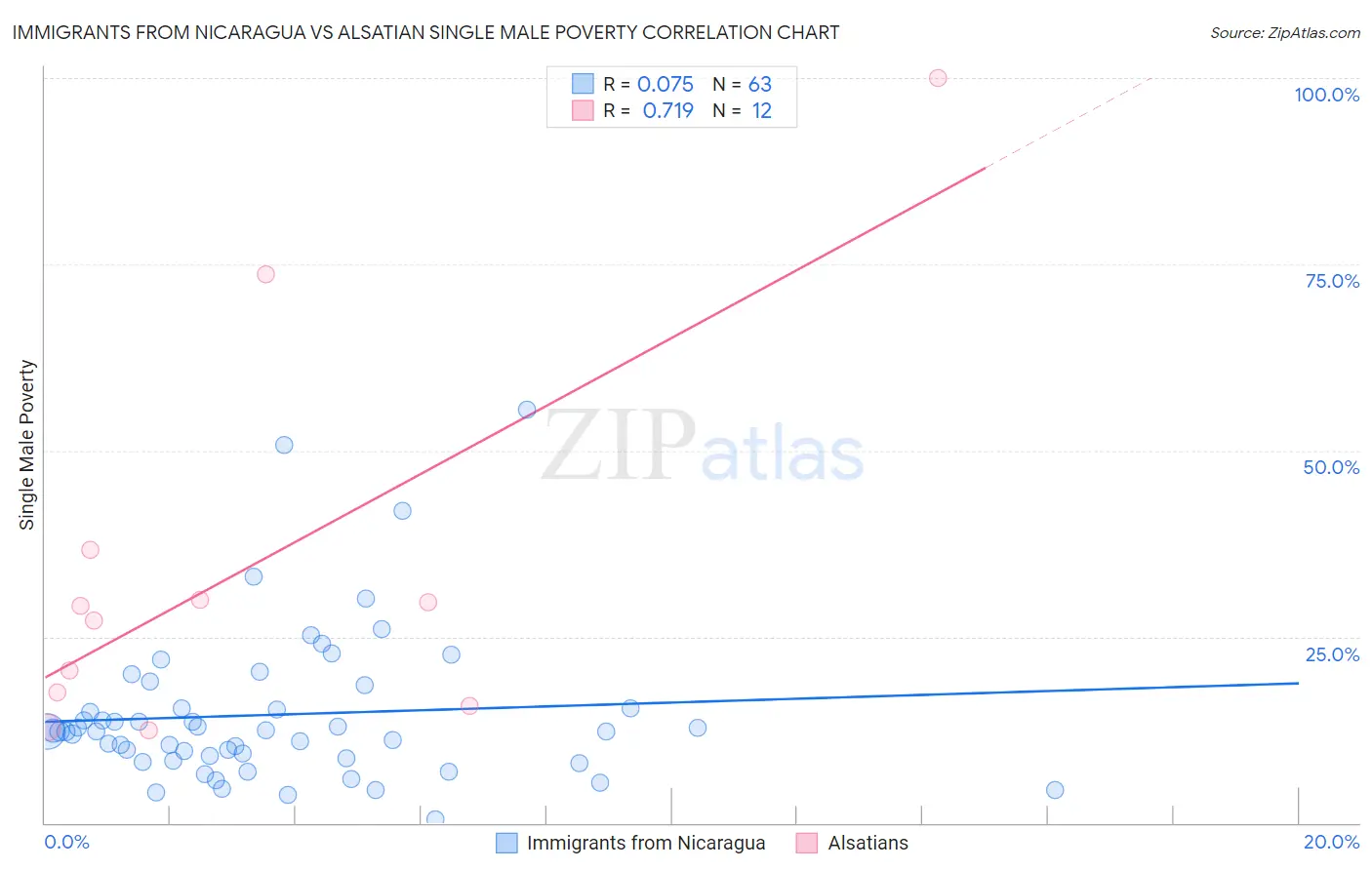 Immigrants from Nicaragua vs Alsatian Single Male Poverty