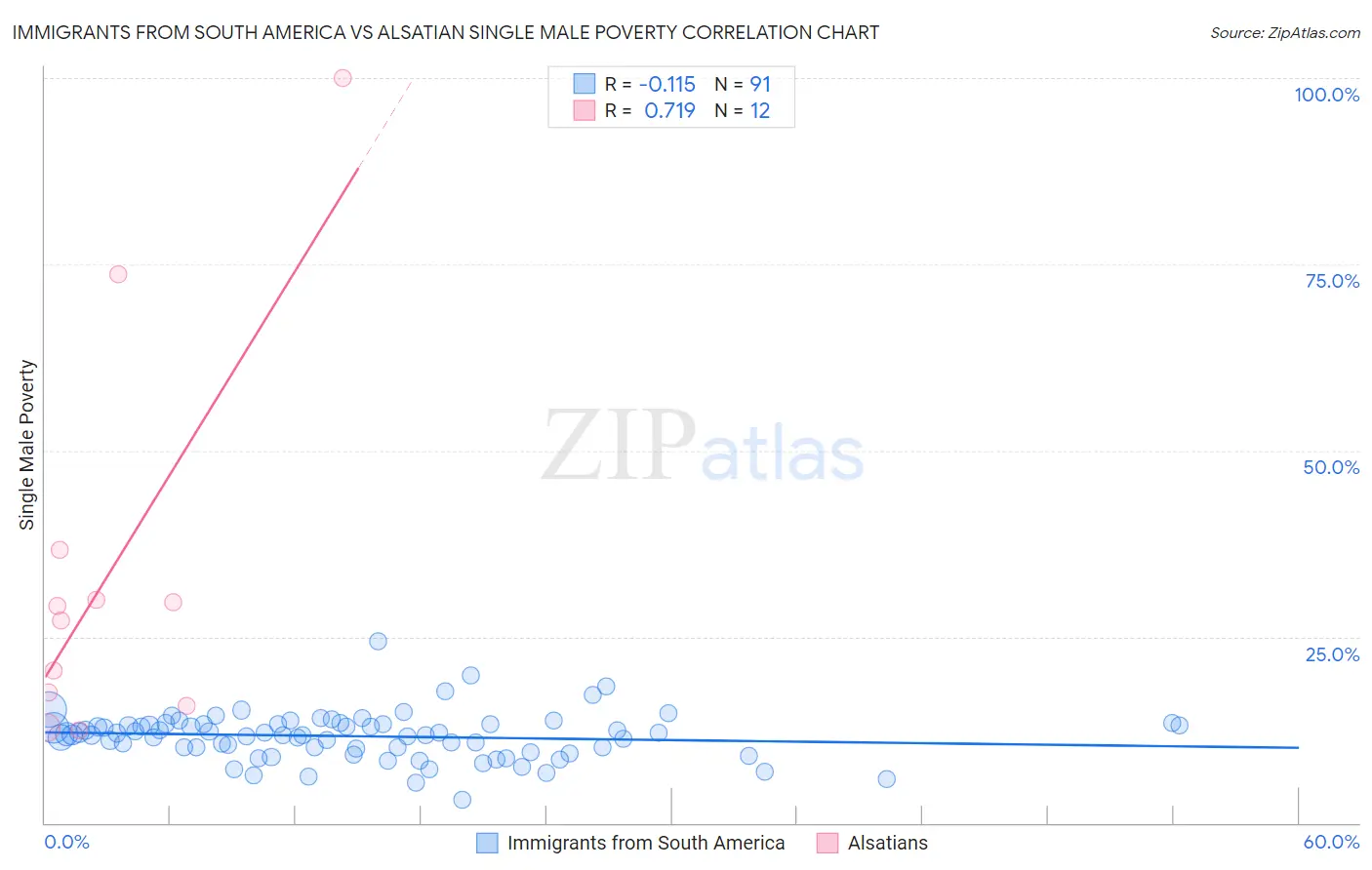 Immigrants from South America vs Alsatian Single Male Poverty