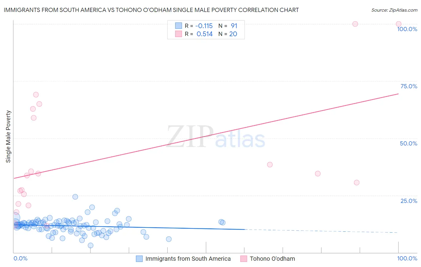 Immigrants from South America vs Tohono O'odham Single Male Poverty