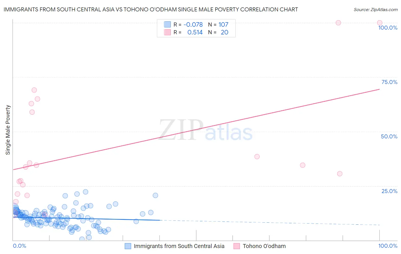 Immigrants from South Central Asia vs Tohono O'odham Single Male Poverty