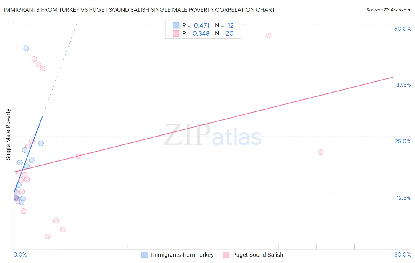 Immigrants from Turkey vs Puget Sound Salish Single Male Poverty