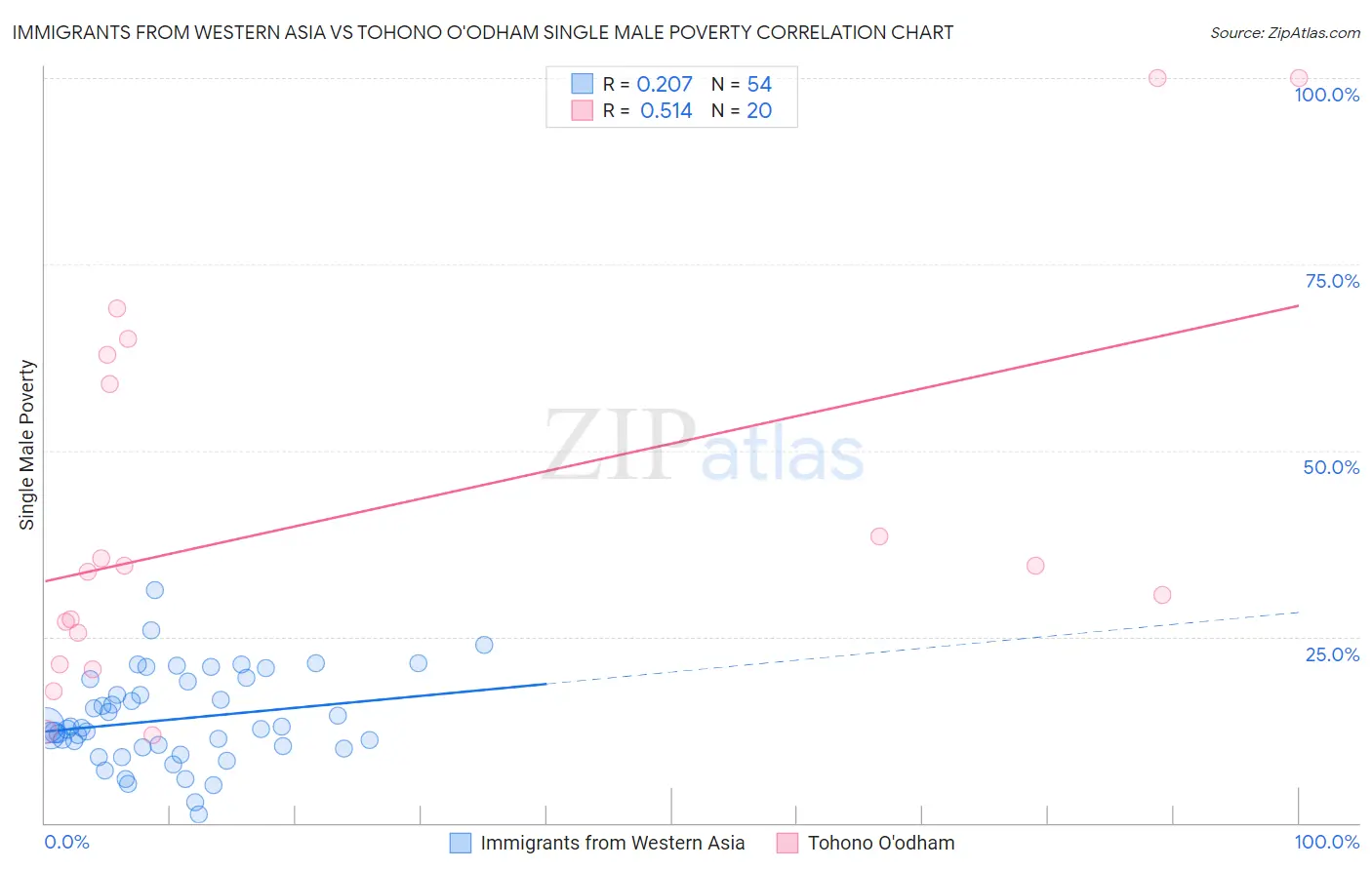 Immigrants from Western Asia vs Tohono O'odham Single Male Poverty