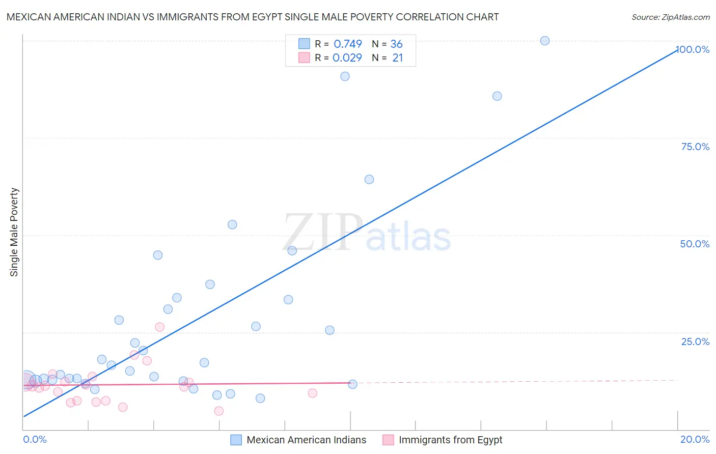 Mexican American Indian vs Immigrants from Egypt Single Male Poverty