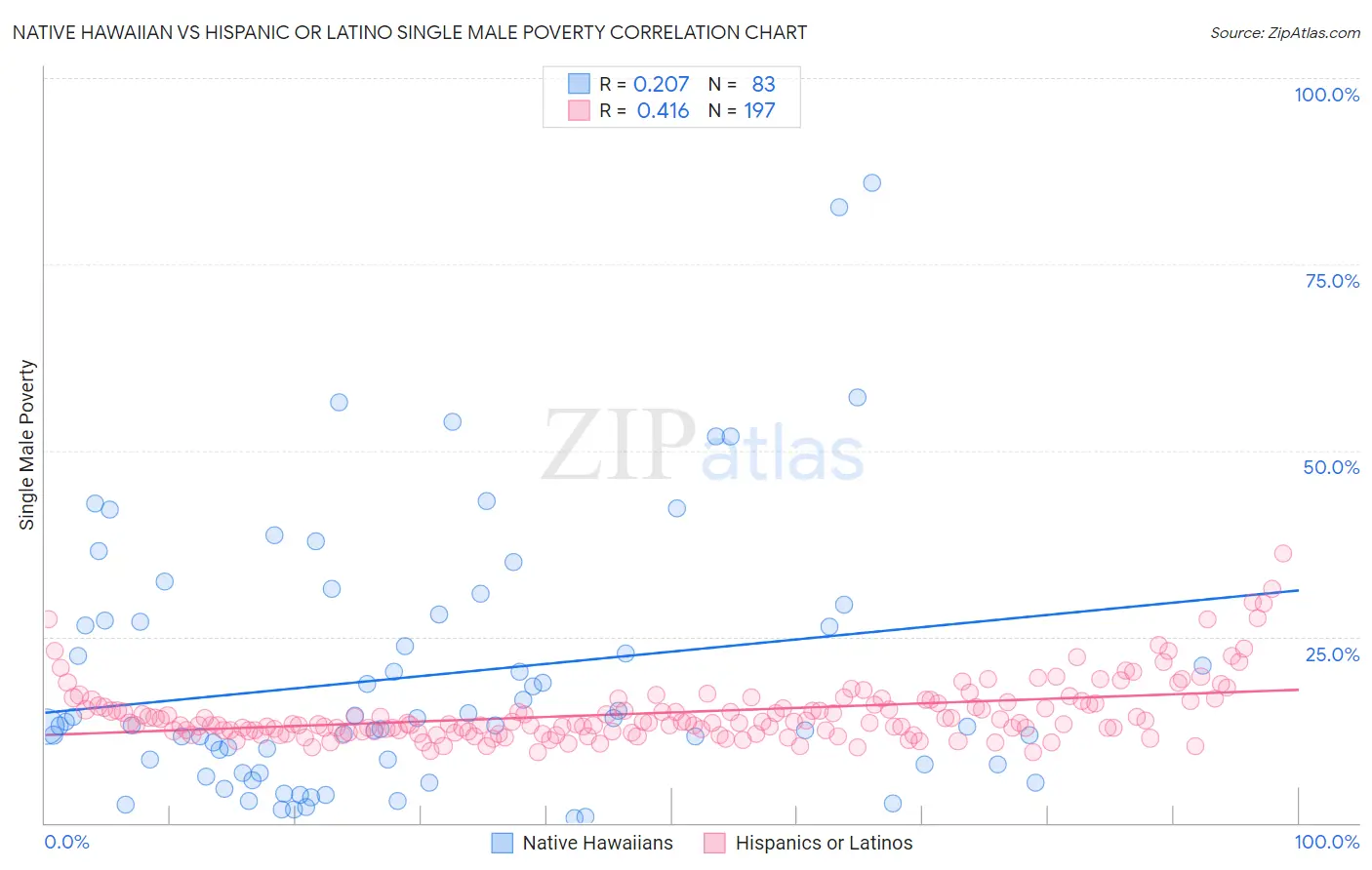 Native Hawaiian vs Hispanic or Latino Single Male Poverty