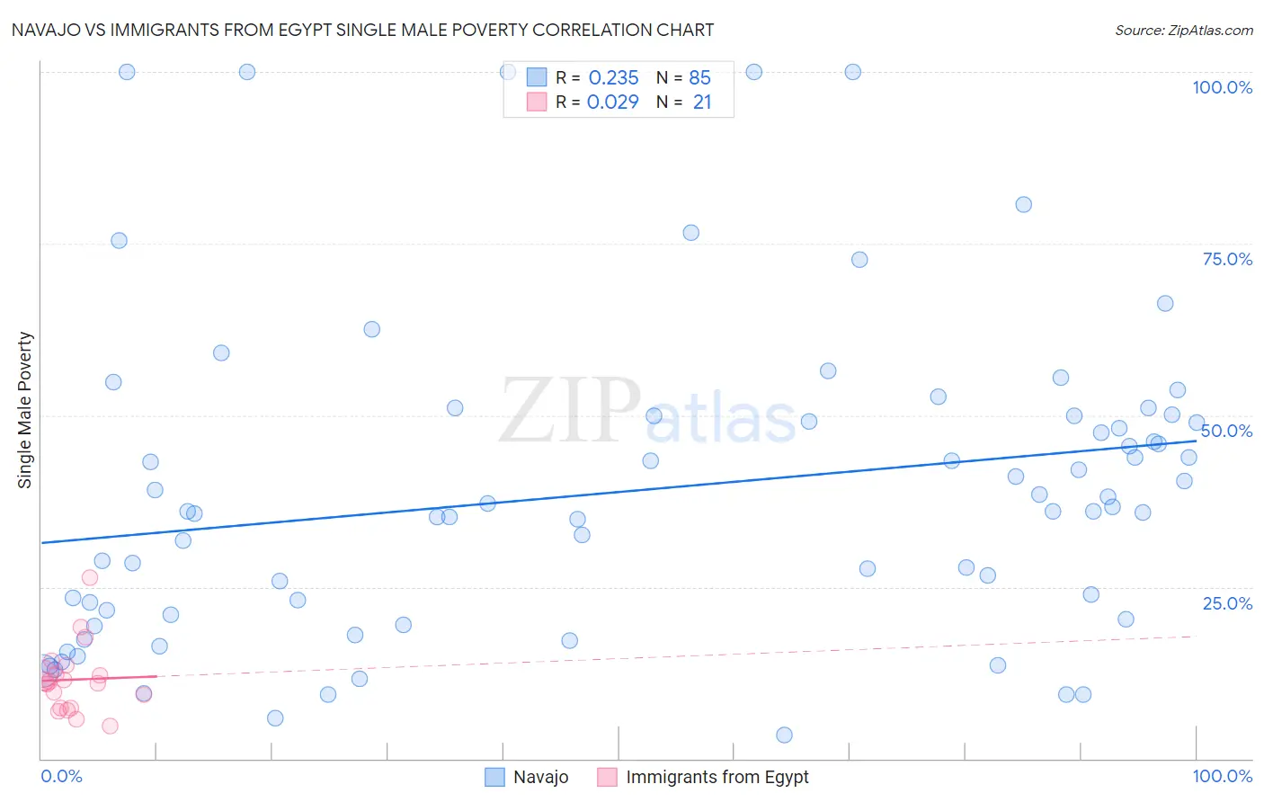 Navajo vs Immigrants from Egypt Single Male Poverty