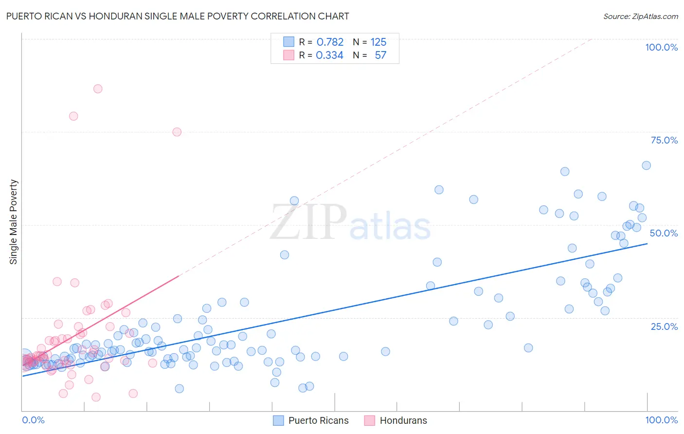 Puerto Rican vs Honduran Single Male Poverty