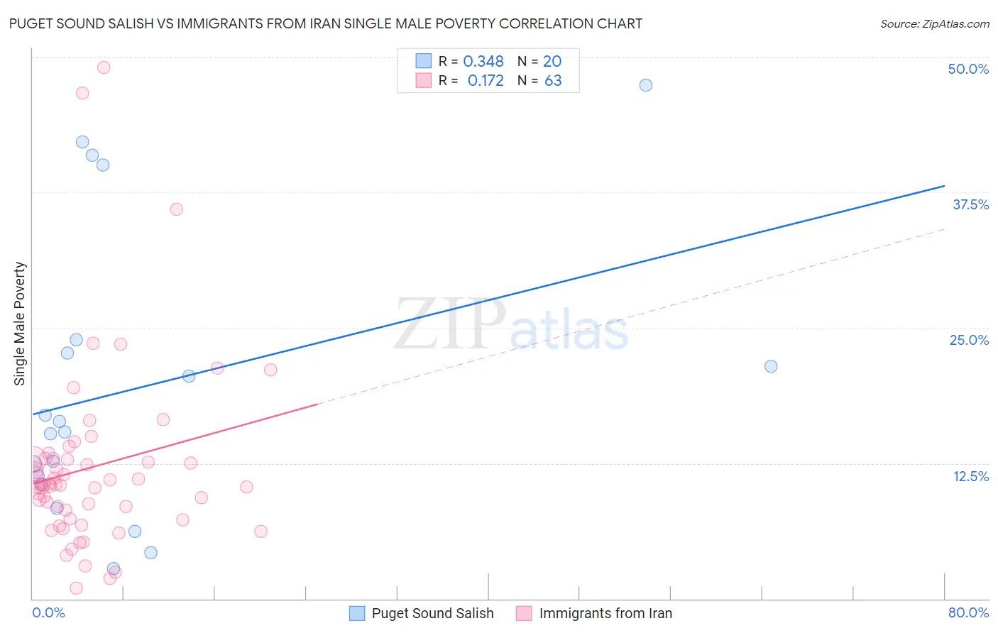 Puget Sound Salish vs Immigrants from Iran Single Male Poverty