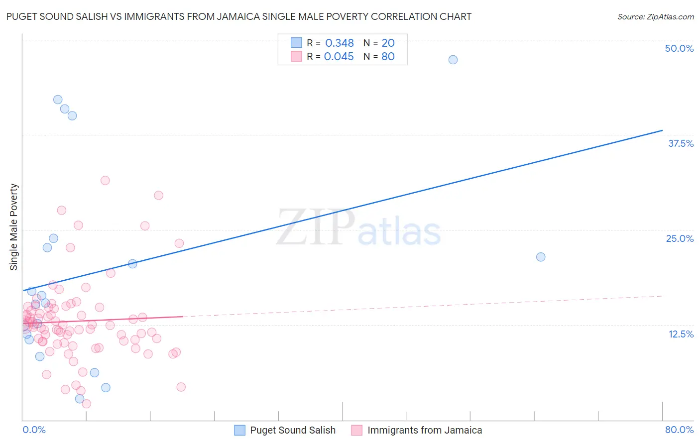 Puget Sound Salish vs Immigrants from Jamaica Single Male Poverty