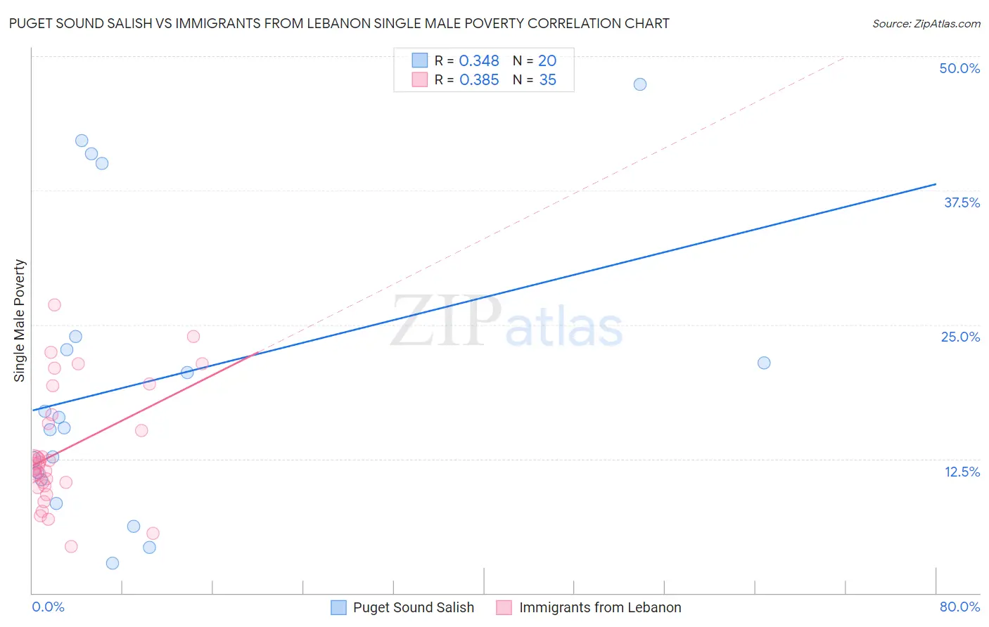 Puget Sound Salish vs Immigrants from Lebanon Single Male Poverty