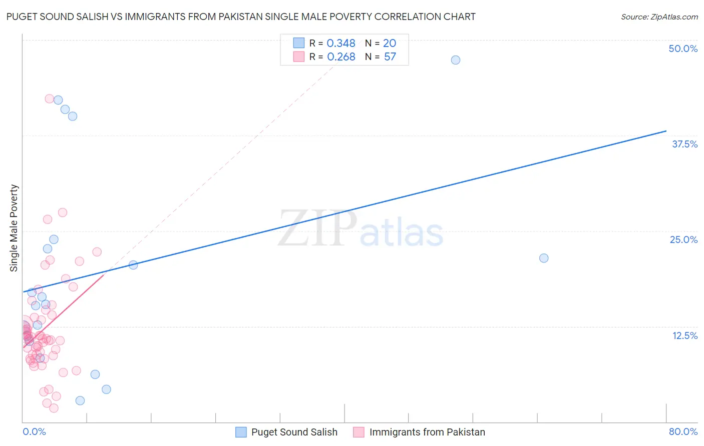 Puget Sound Salish vs Immigrants from Pakistan Single Male Poverty