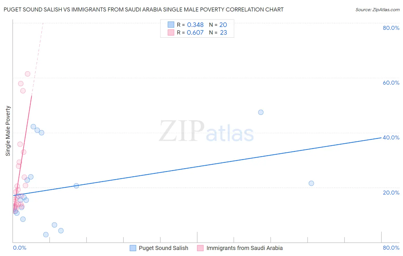 Puget Sound Salish vs Immigrants from Saudi Arabia Single Male Poverty