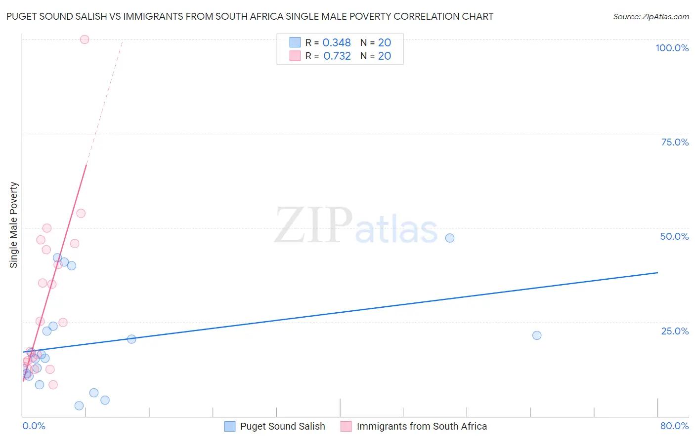 Puget Sound Salish vs Immigrants from South Africa Single Male Poverty