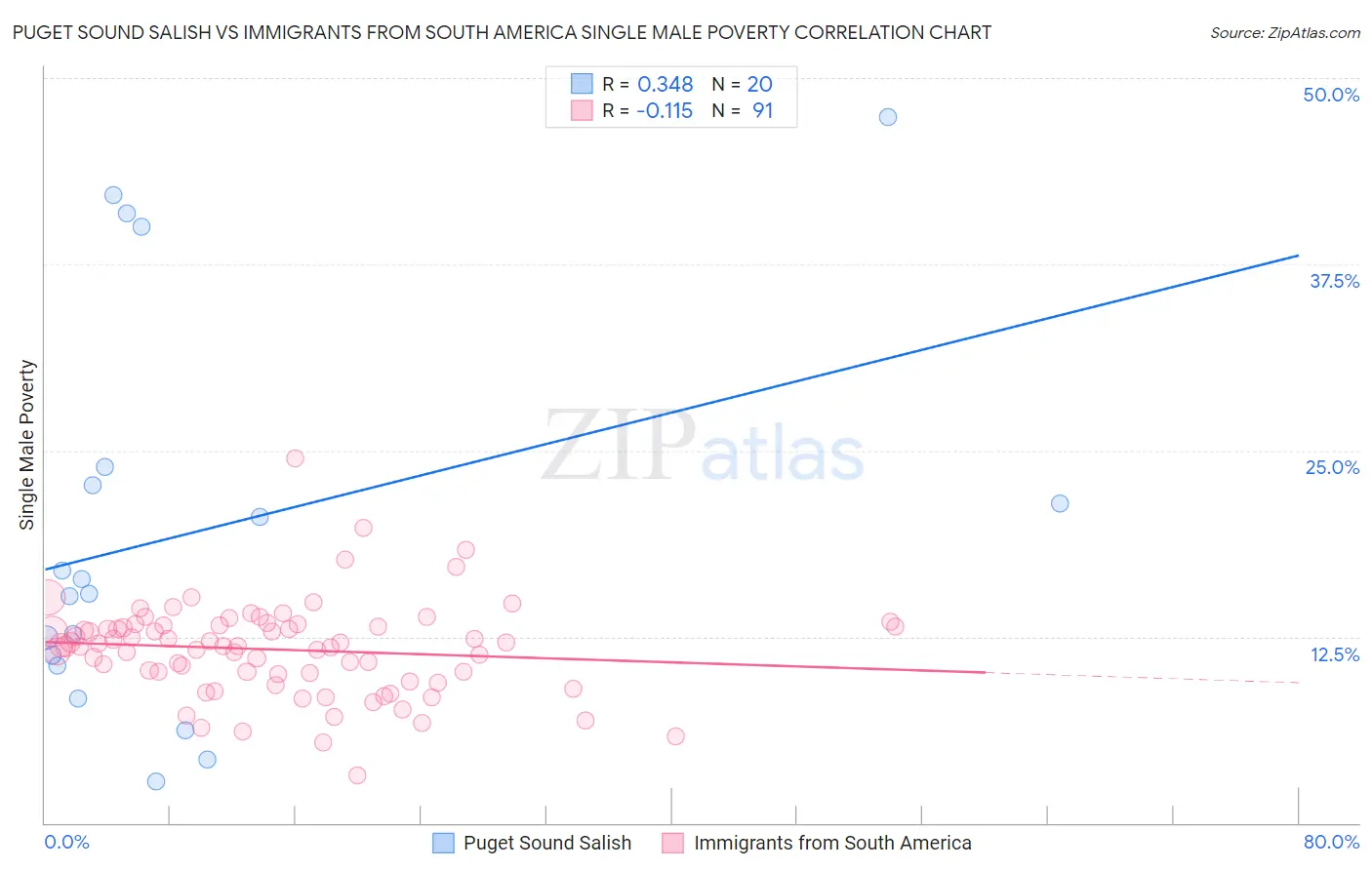 Puget Sound Salish vs Immigrants from South America Single Male Poverty