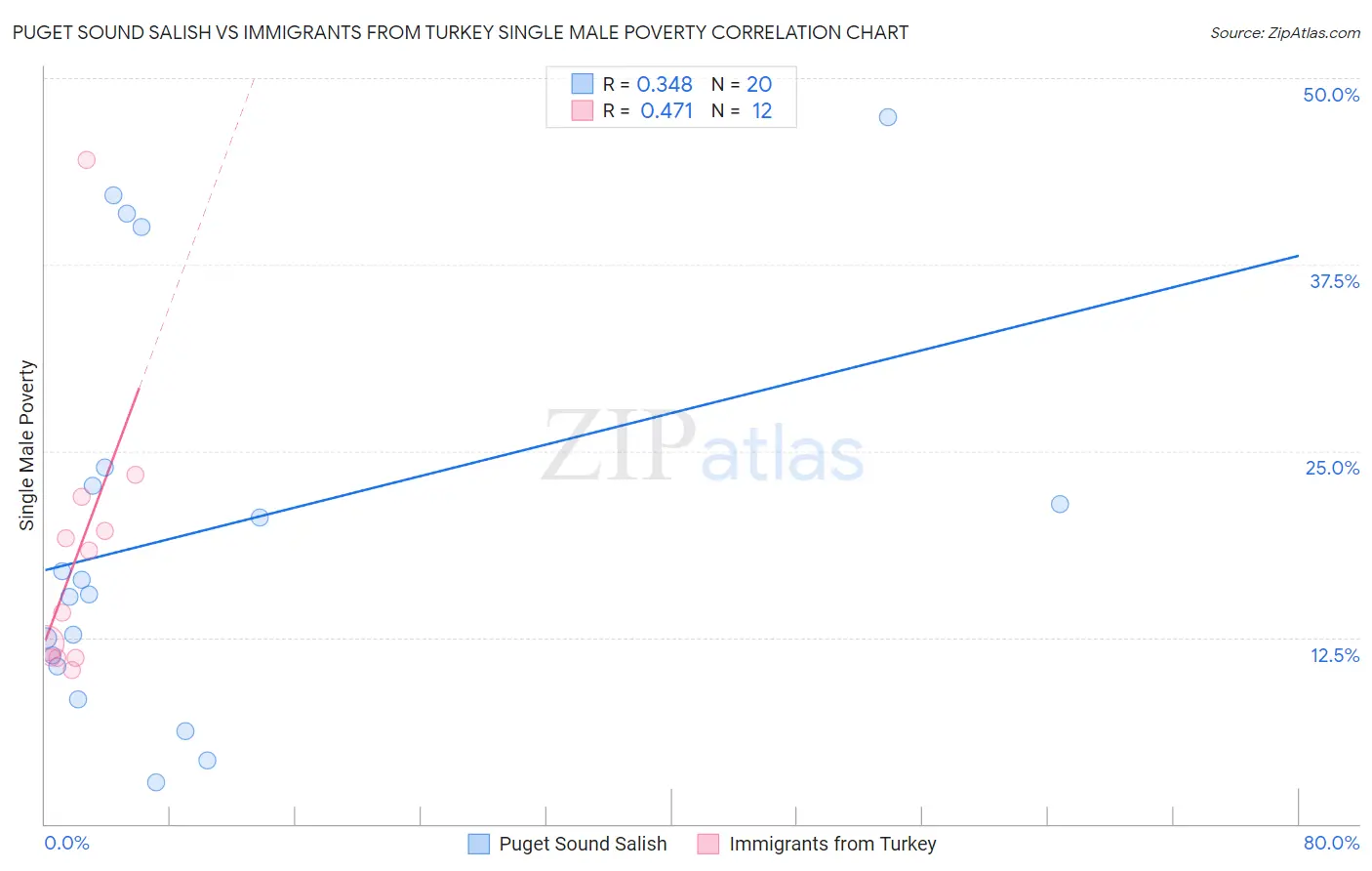 Puget Sound Salish vs Immigrants from Turkey Single Male Poverty