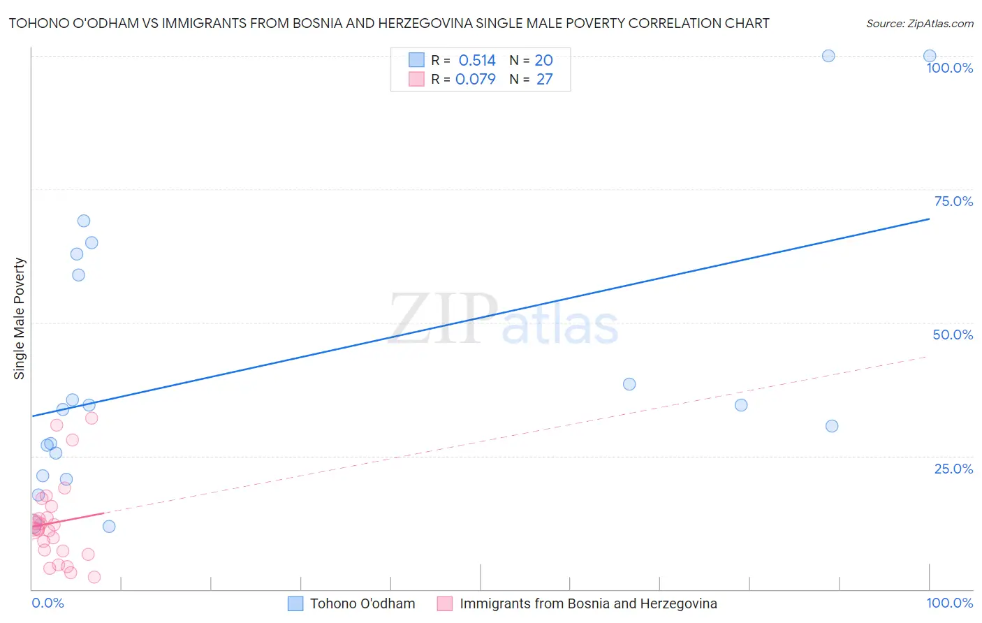Tohono O'odham vs Immigrants from Bosnia and Herzegovina Single Male Poverty