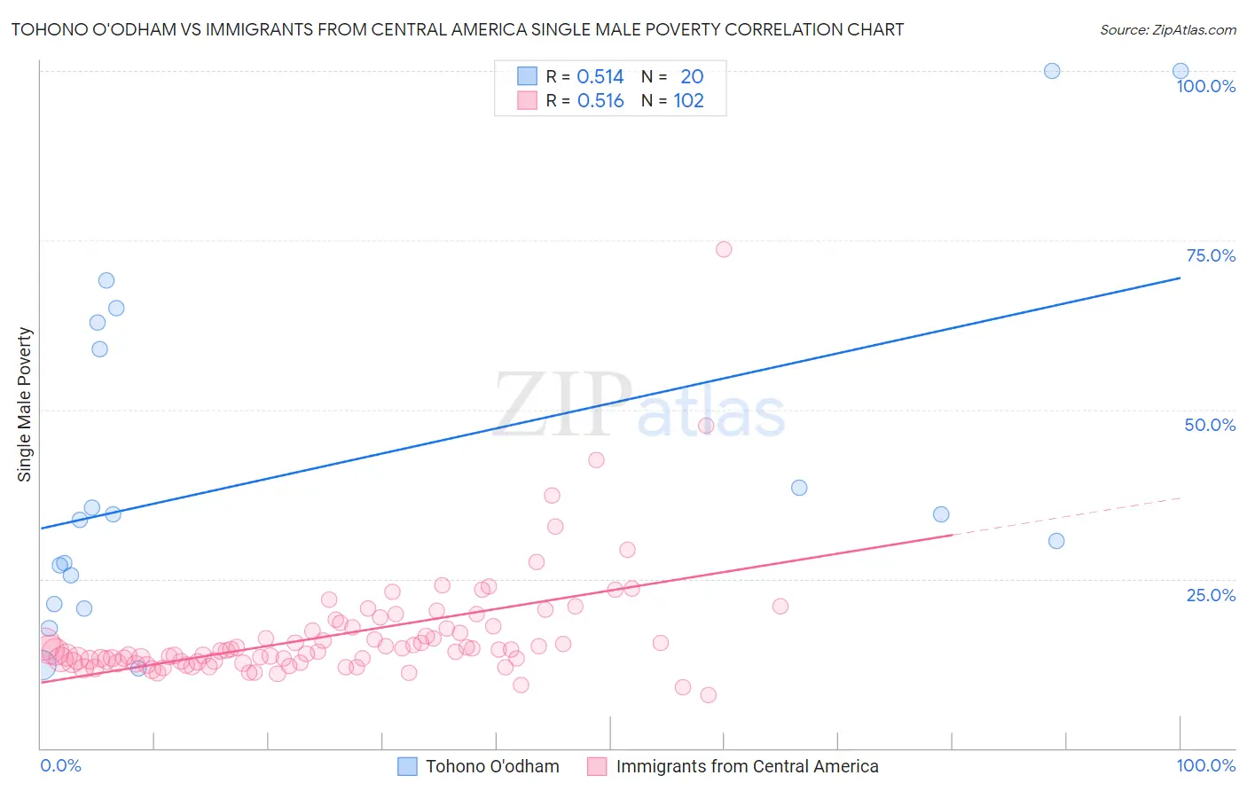 Tohono O'odham vs Immigrants from Central America Single Male Poverty