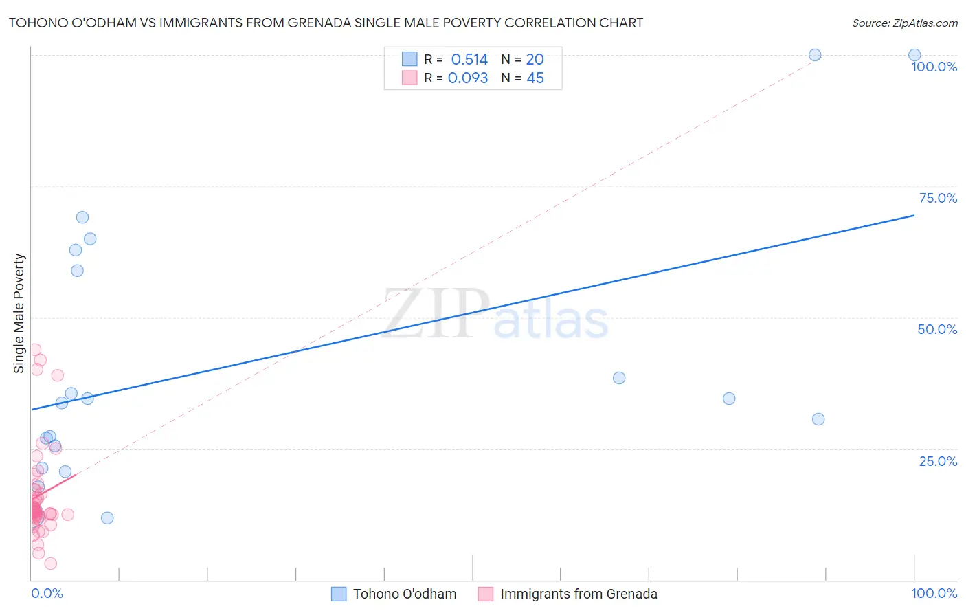 Tohono O'odham vs Immigrants from Grenada Single Male Poverty