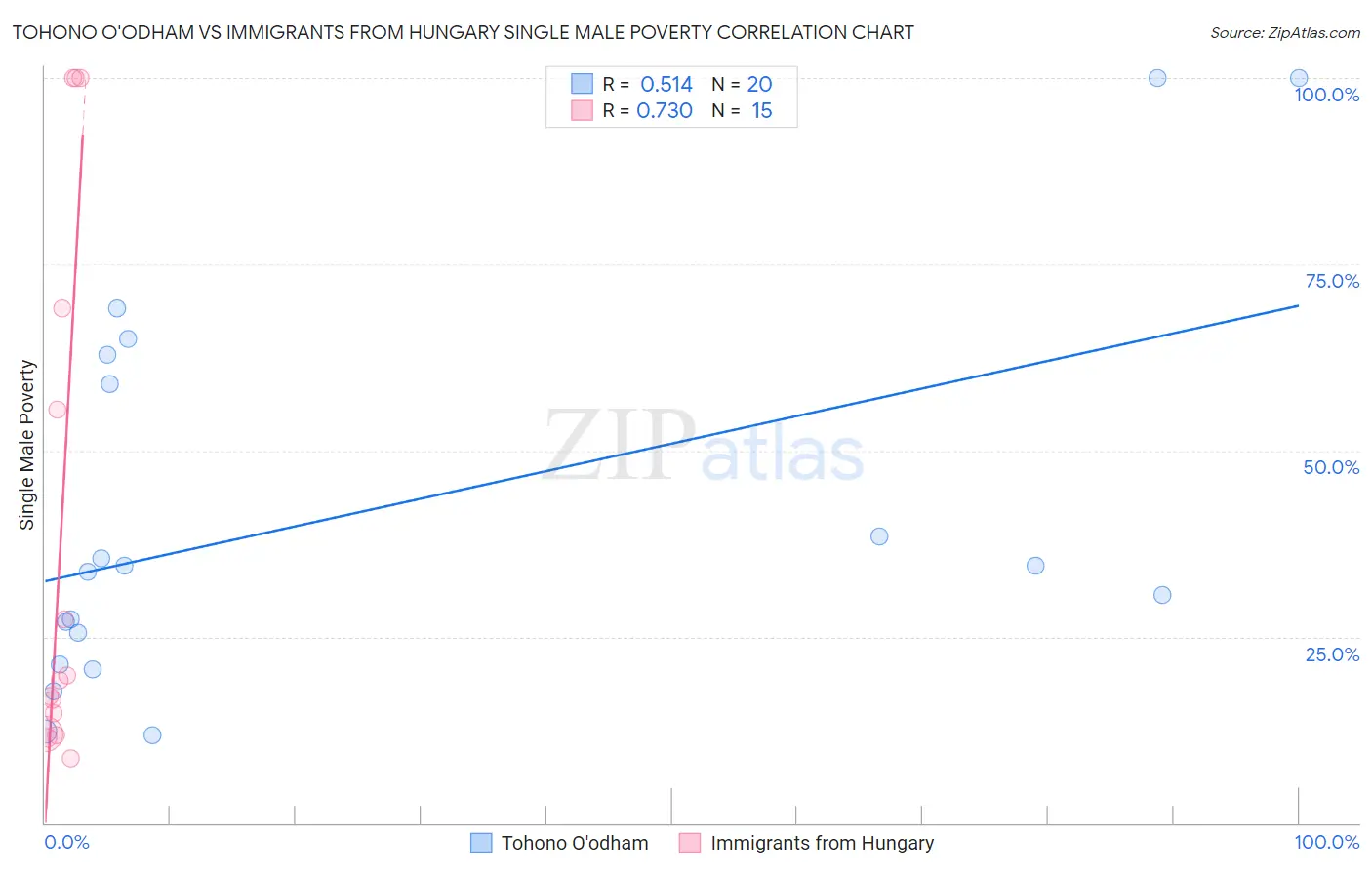 Tohono O'odham vs Immigrants from Hungary Single Male Poverty