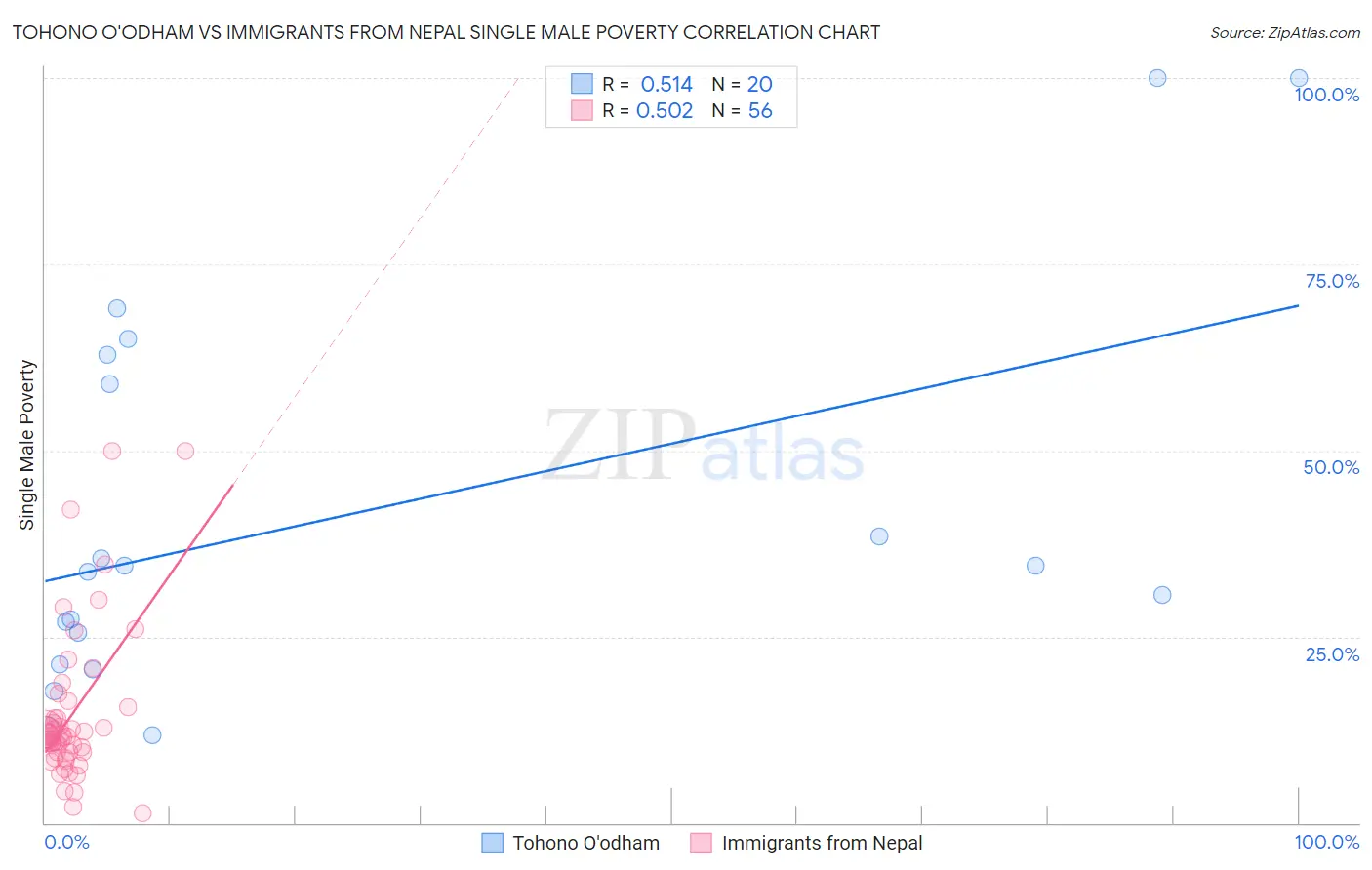 Tohono O'odham vs Immigrants from Nepal Single Male Poverty
