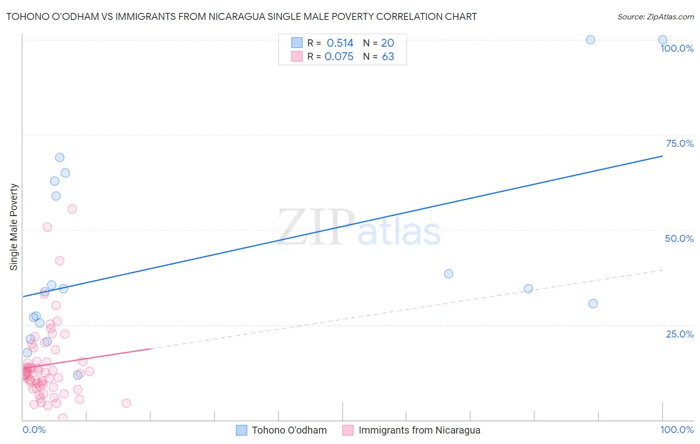 Tohono O'odham vs Immigrants from Nicaragua Single Male Poverty